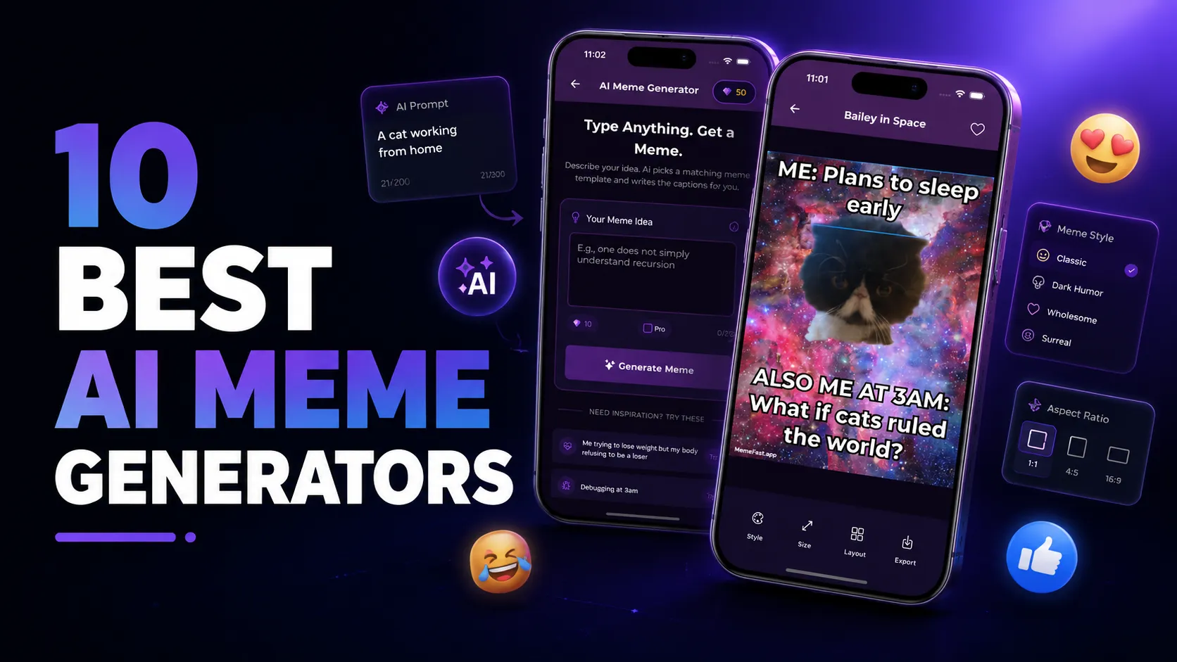 Featured image for 10 Best AI Meme Generators showing AI meme maker app interface, meme templates, and social media icons