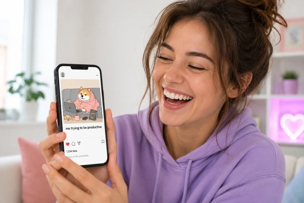 A person laughing while choosing a funny meme caption for an Instagram post on their phone