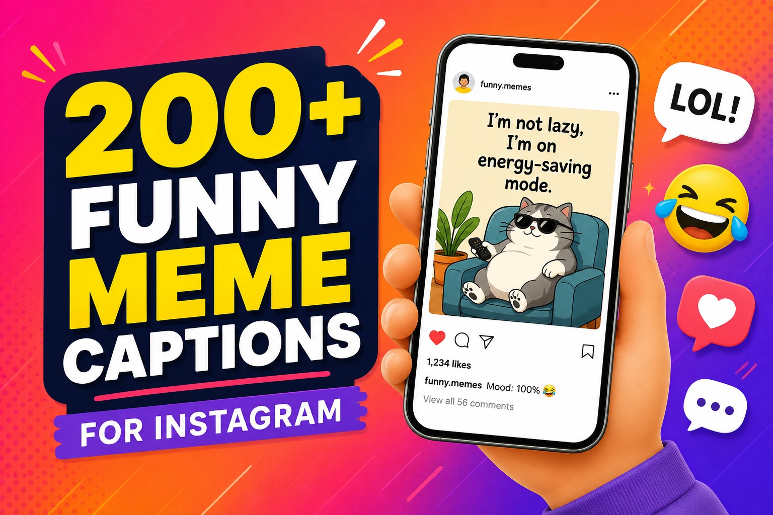 Cover image for a guide to more than 200 funny meme captions for Instagram, showing a phone with a meme post and bold title text