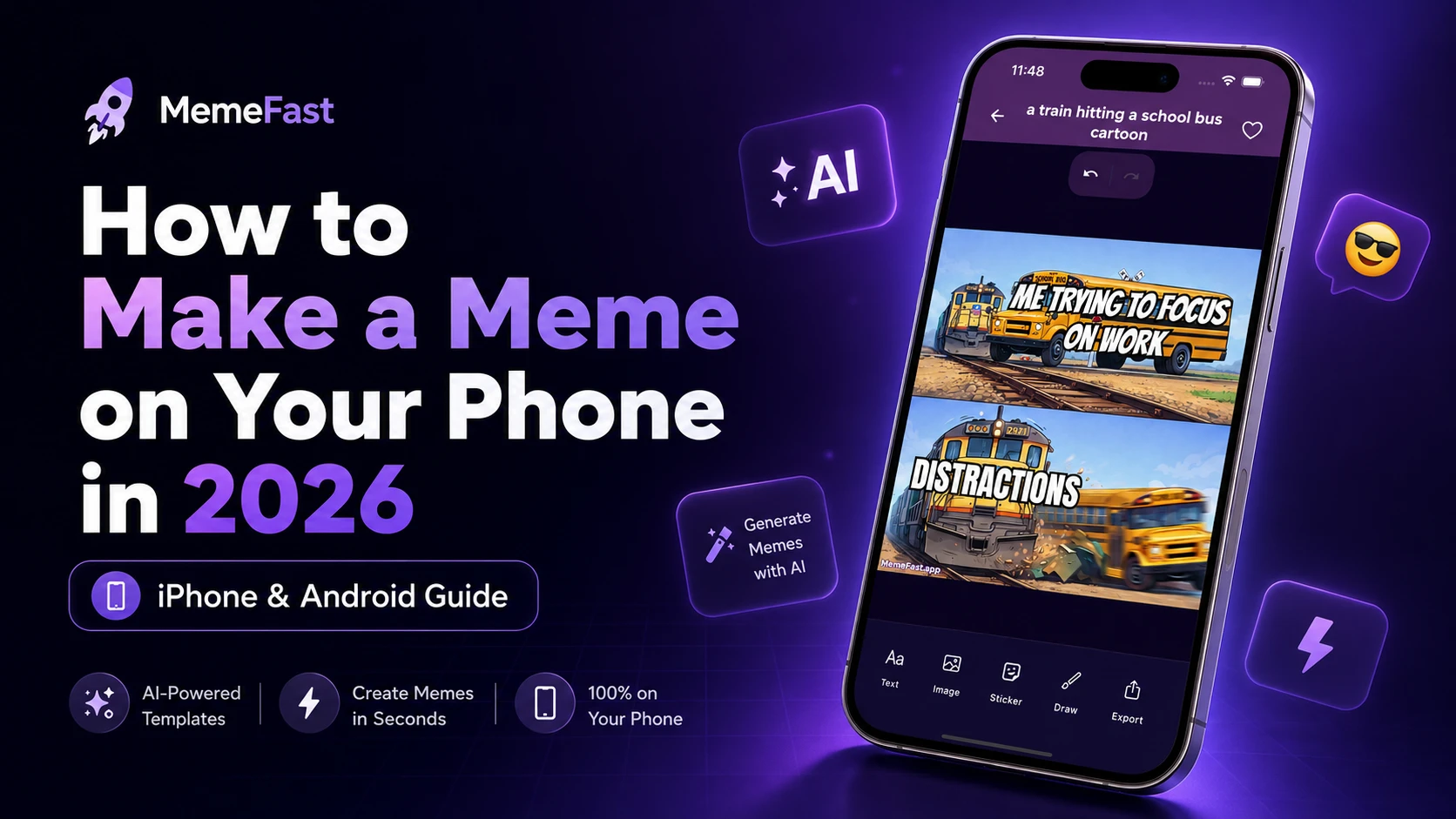 Featured cover image for How to Make a Meme on Your Phone in 2026 showing a smartphone with an AI-generated meme result and MemeFast mobile meme maker design