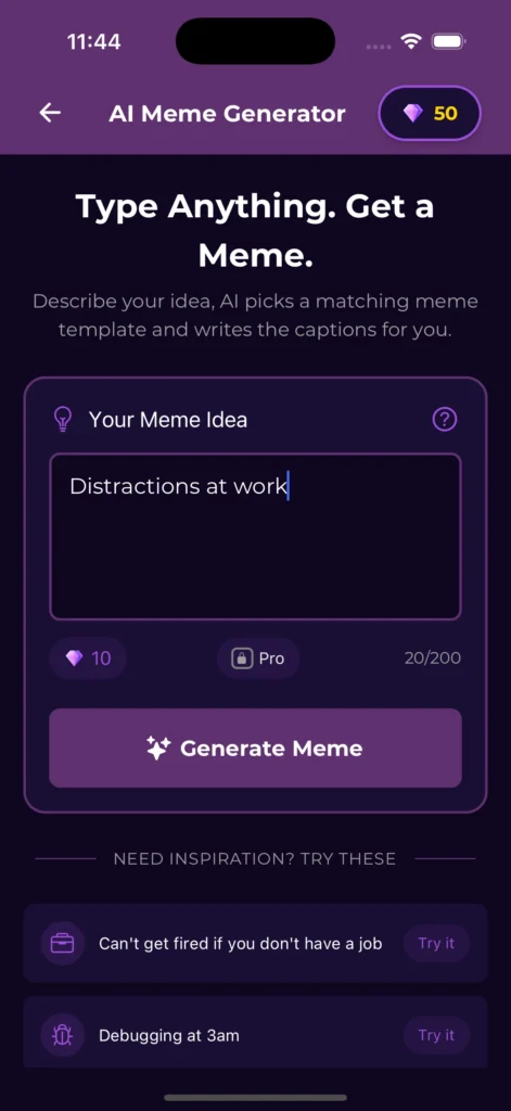 MemeFast AI meme generator with the prompt “distractions at work” typed into the text box