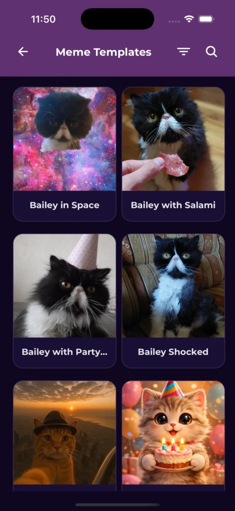 MemeFast template picker showing grid of meme templates and options for AI meme generator or uploading your own photo