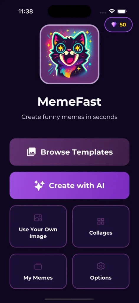 MemeFast home screen on iPhone showing the AI meme generator button and the meme template library