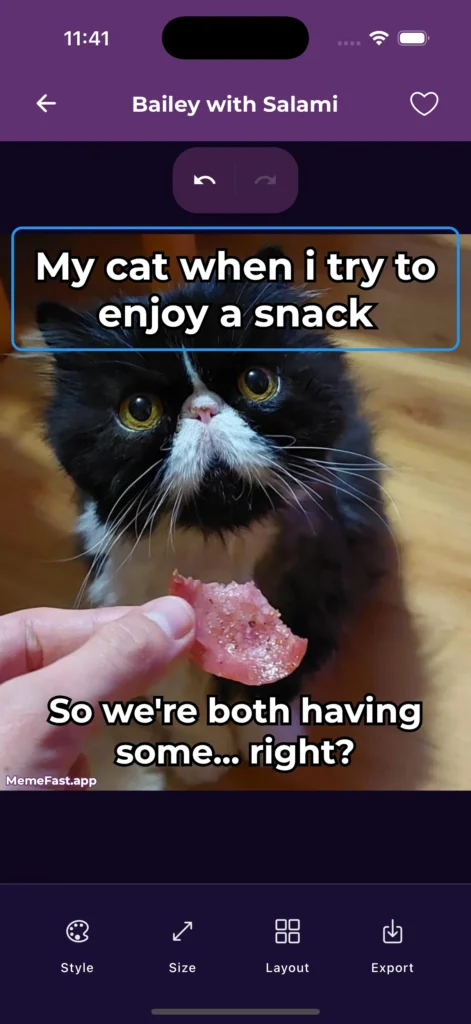 MemeFast text editor showing a caption being typed and dragged into position on a meme template