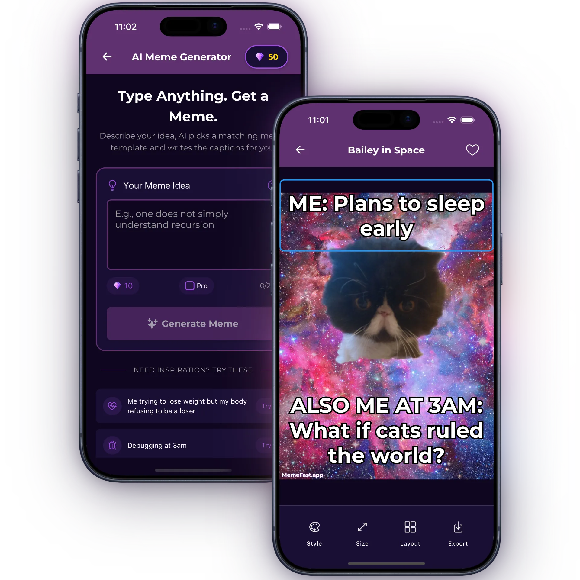 MemeFast app on iPhone: AI Meme Generator screen with text prompt input and meme maker editor showing a funny space cat meme